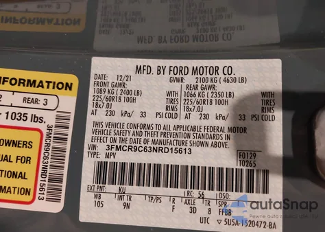 2022 Ford Bronco Sport Outer Banks z USA, uszkodzony, nr VIN 3FMCR9C63NRD15613